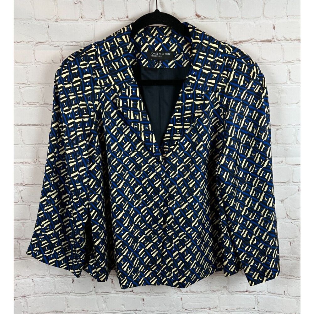 JONES NEW YORK COLLECTION silk twill lined blue yellow black cardigan jacket 12 - Picture 1 of 6